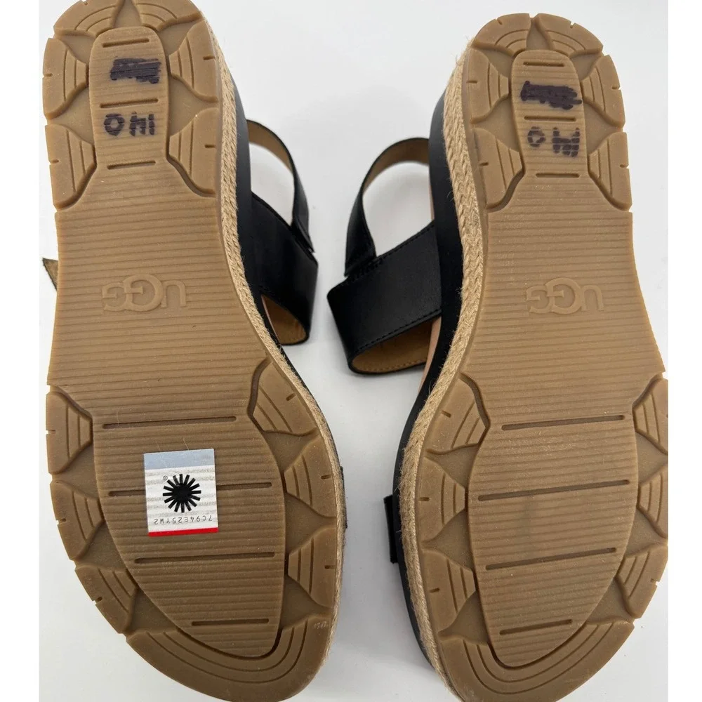 UGG April Platform Sandals Womens 12 Black‎ Leather Espadrille Buckle